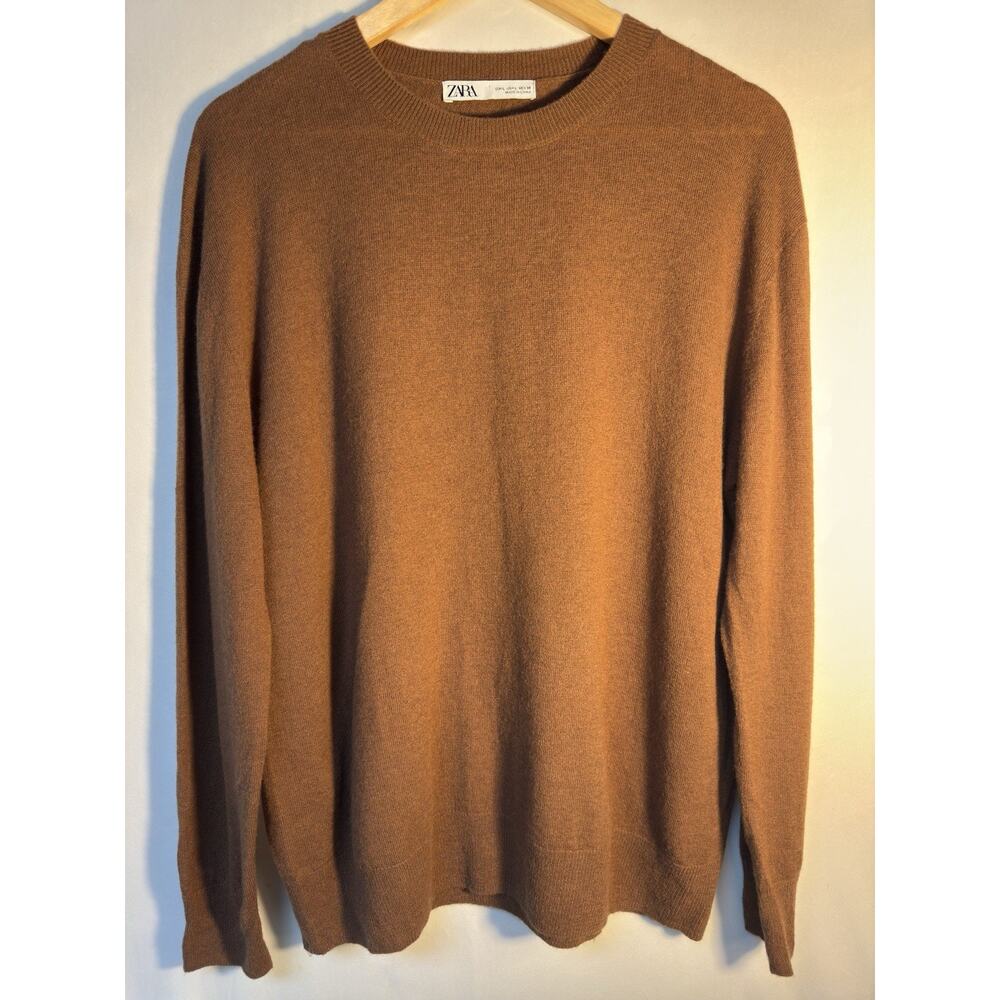 Zara 100% Wool Sweater Womens L Brown Crewneck Minimalist Classic Capsule